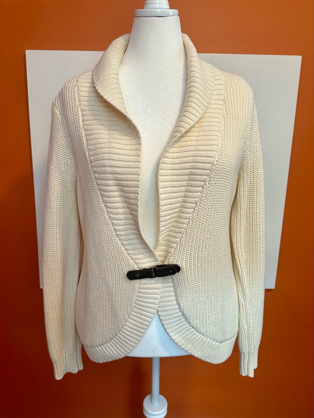 NWT Orvis Cream Cottage Cotton Cable Knit Buckle Cardigan Sweater XL